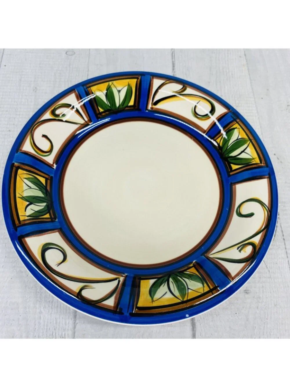 Liddy GREEN PLANTS Hand Painted Blue Trim Ceramic Salad Snack Round Plates Set 6